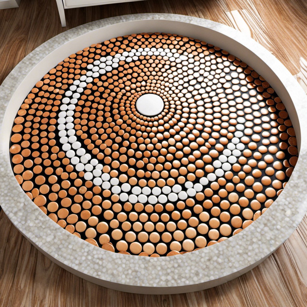 penny round tile island in a spiral pattern