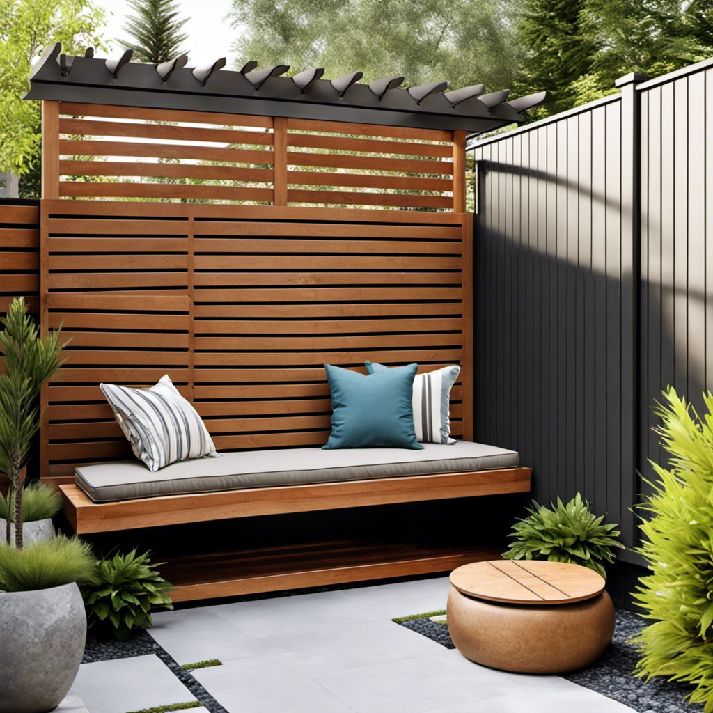 pergola with built in bench and wooden privacy wall