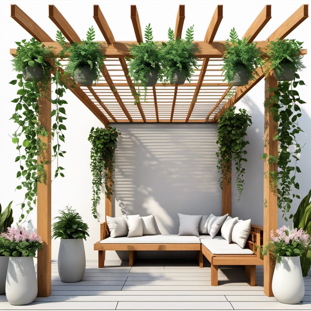 pergola with hanging potted plant walls