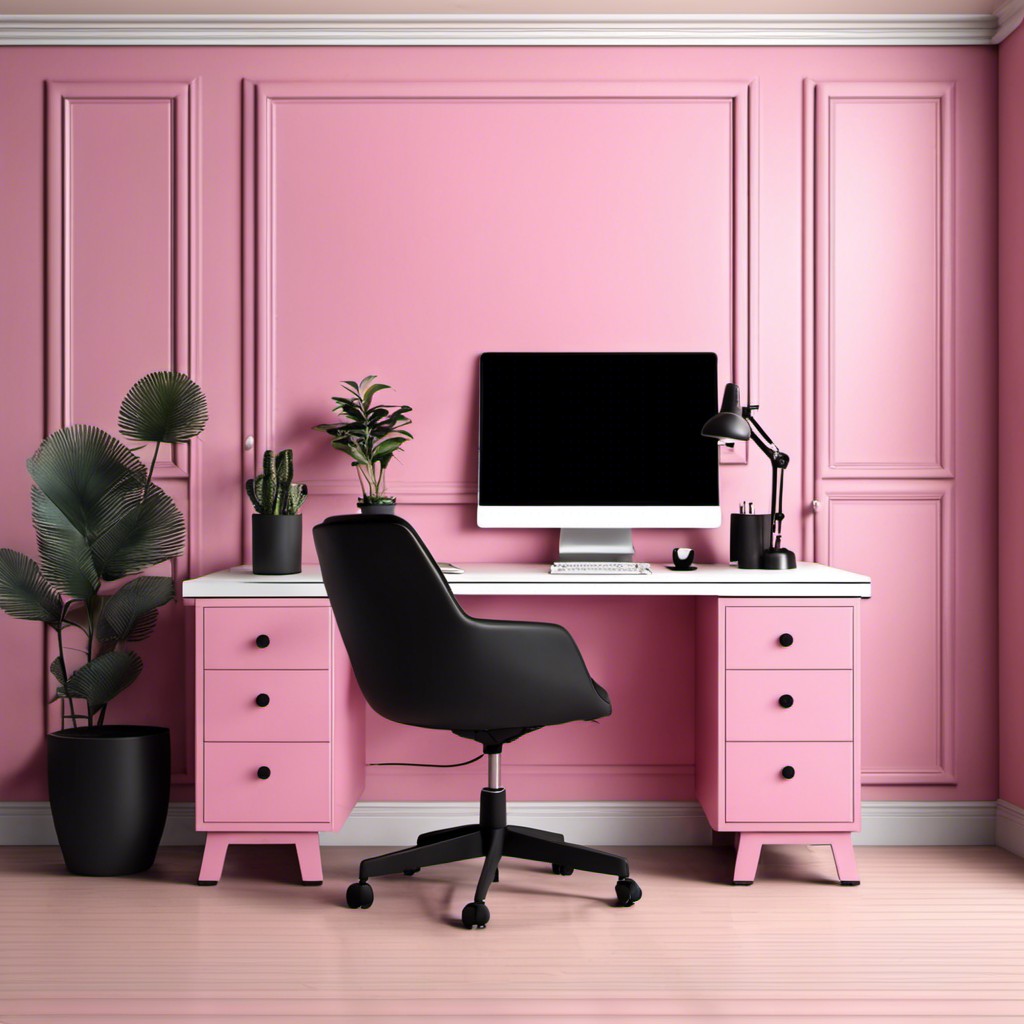 pink desk with black office chair