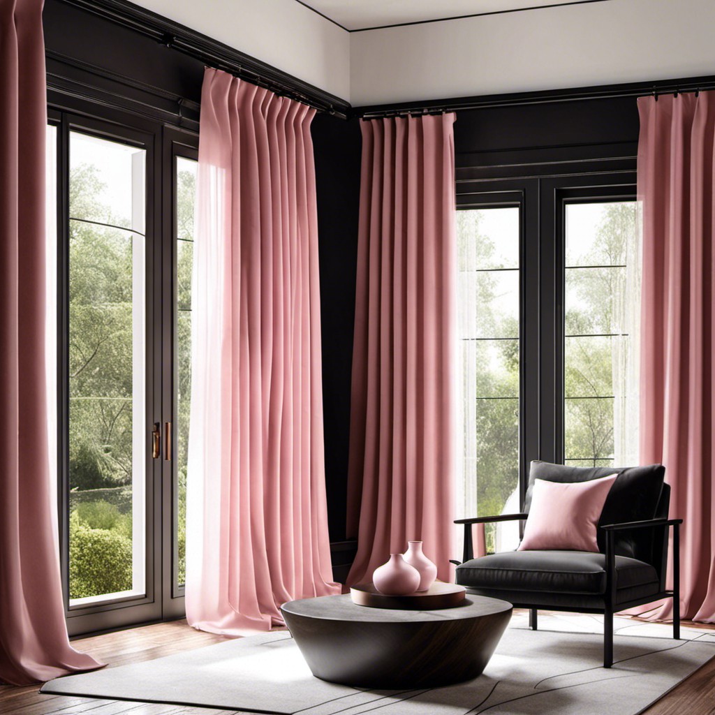 pink draperies with black curtain rods