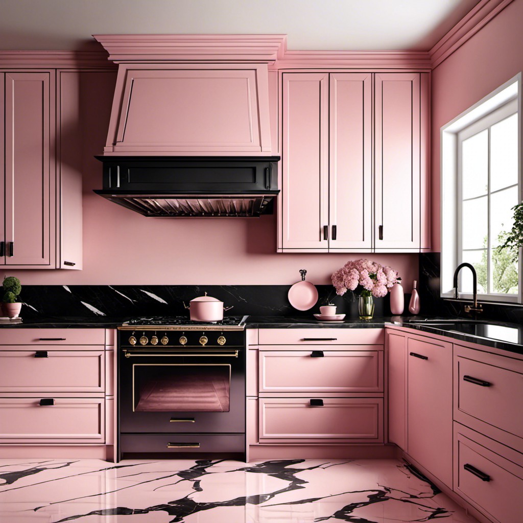 pink kitchen with black marble countertops