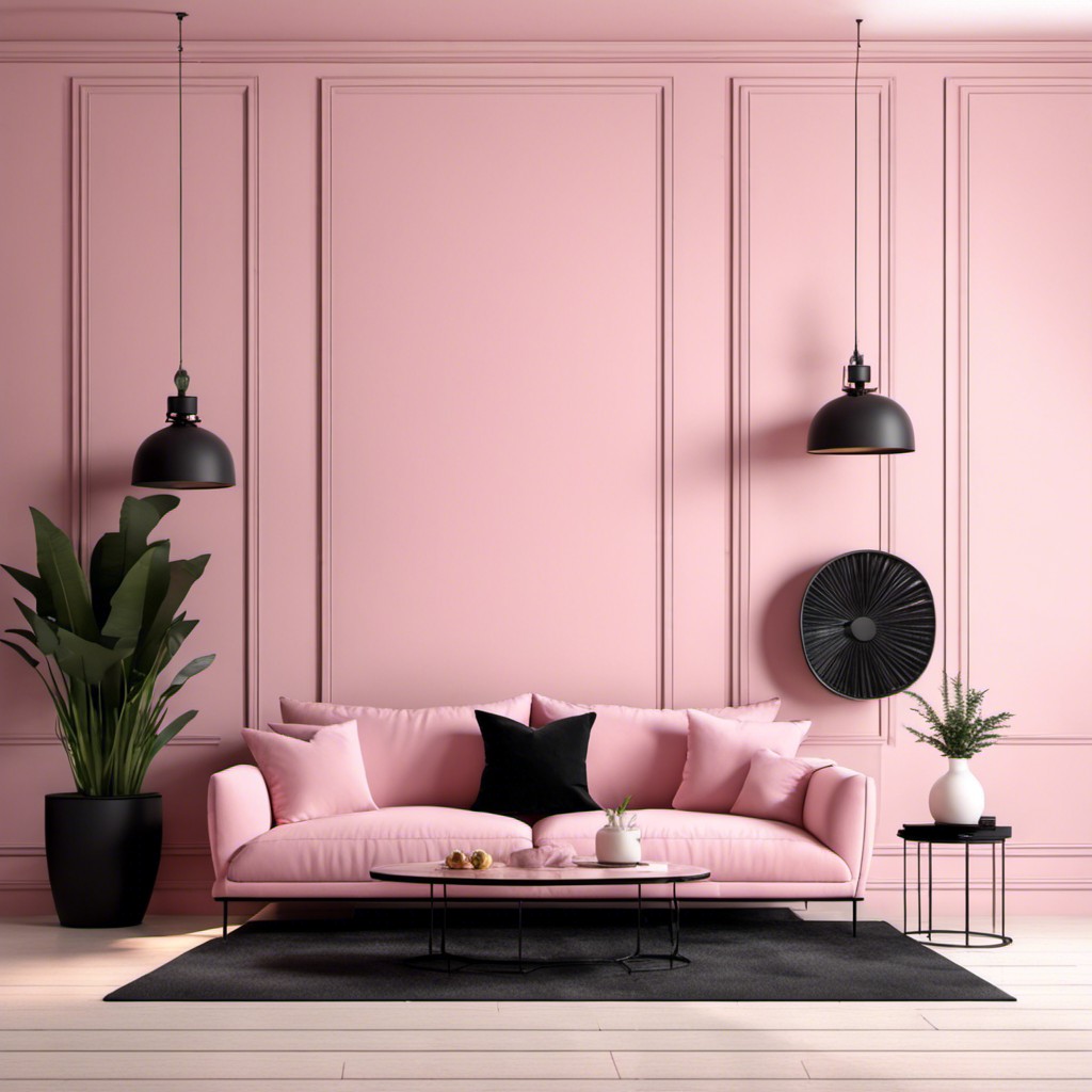pink living room with black accent pillows