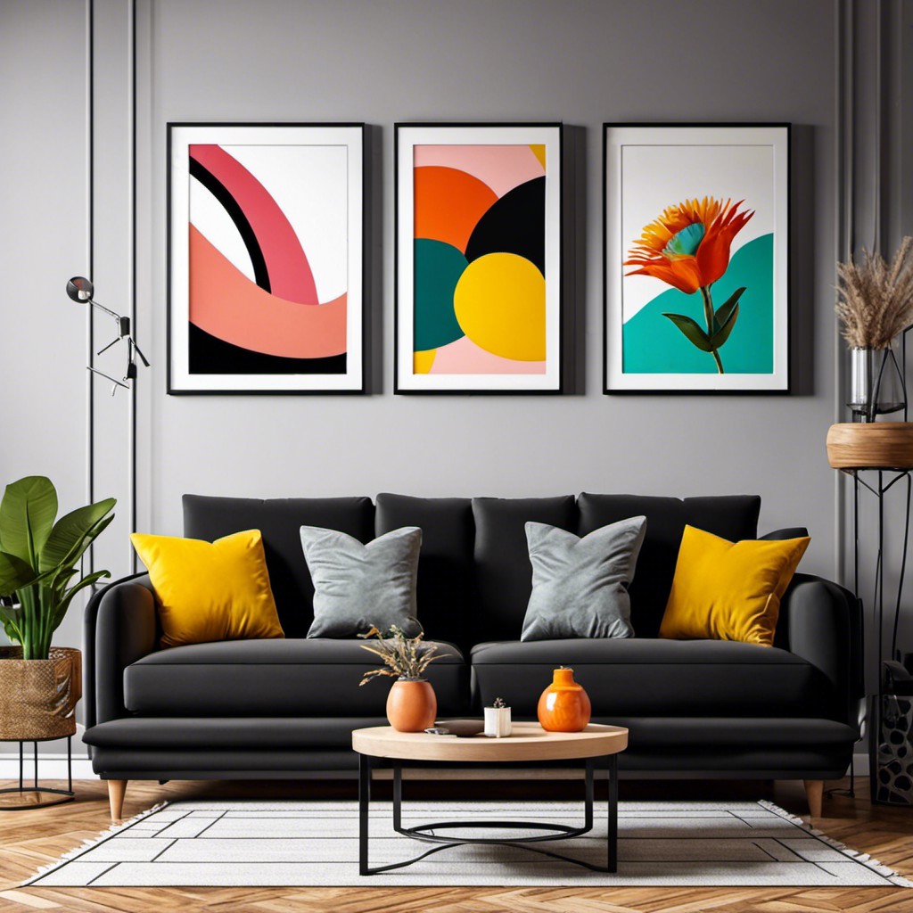 pops of color through wall art around a black sofa