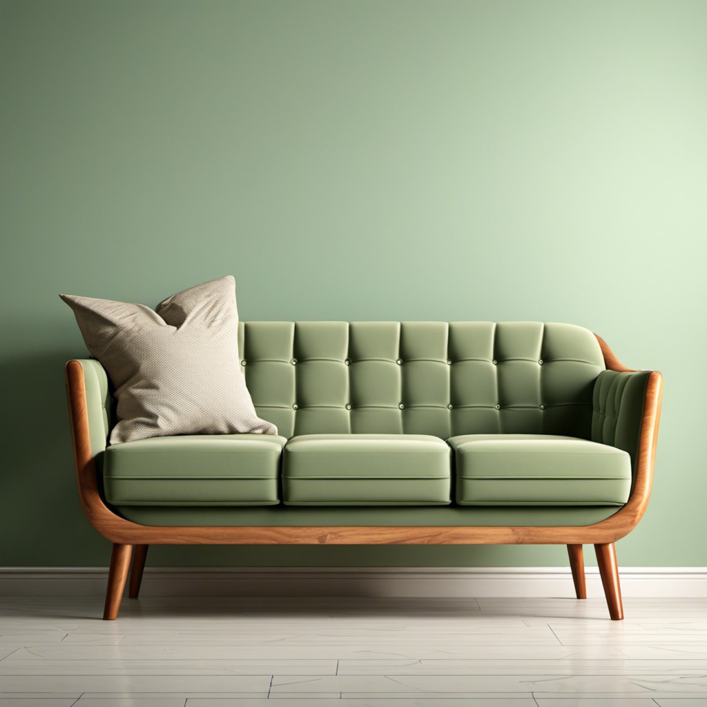 retro sage green couch with wooden legs
