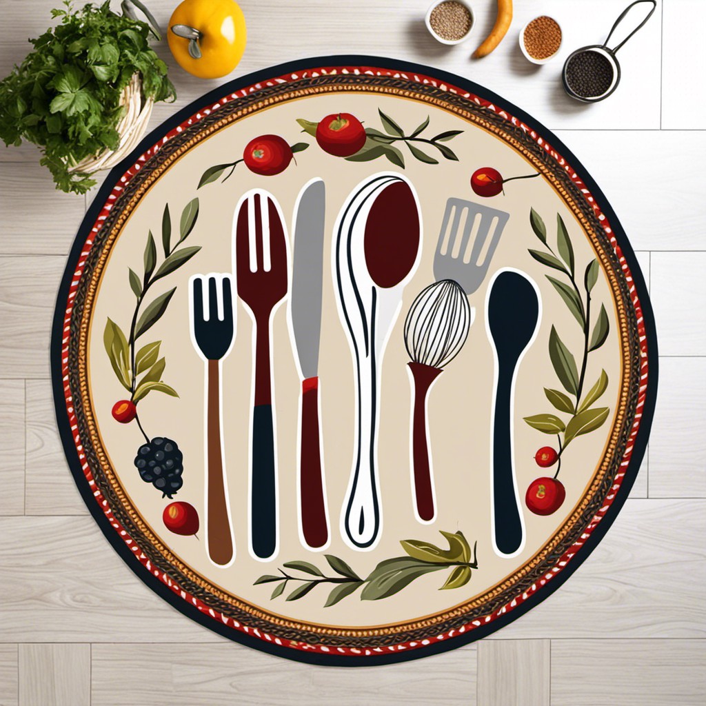 round kitchen rug with kitchen utensils pattern