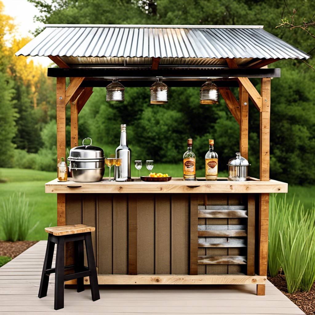rustic outdoor mini bar with tin roof