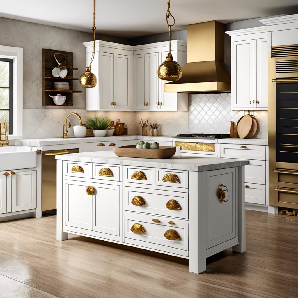 rustic white cabinets with hammered gold handles