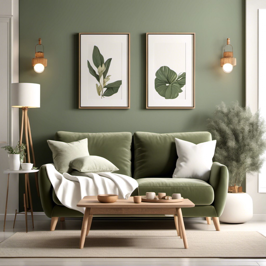 sage green couch with white throw pillows
