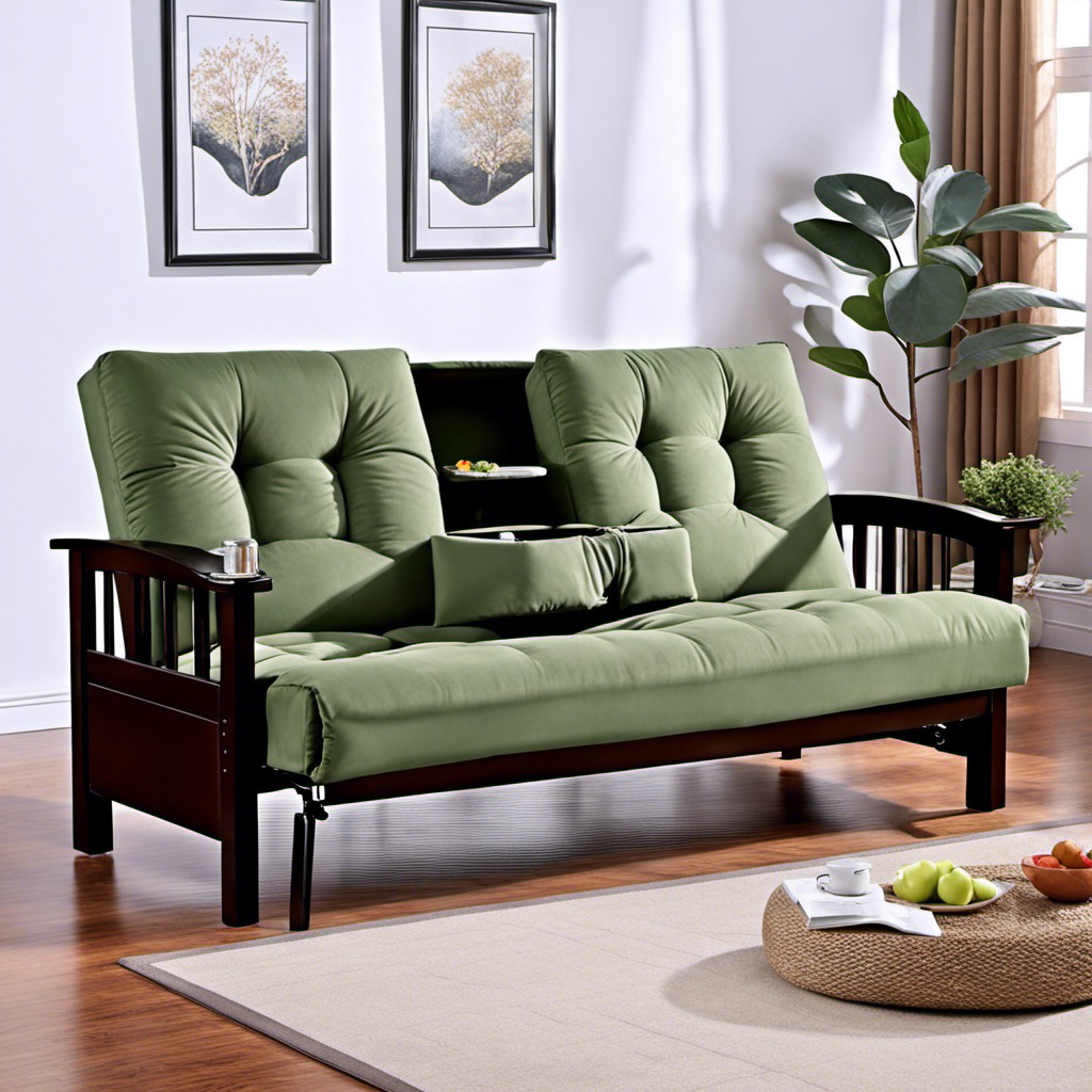 sage green futon with built in cup holders