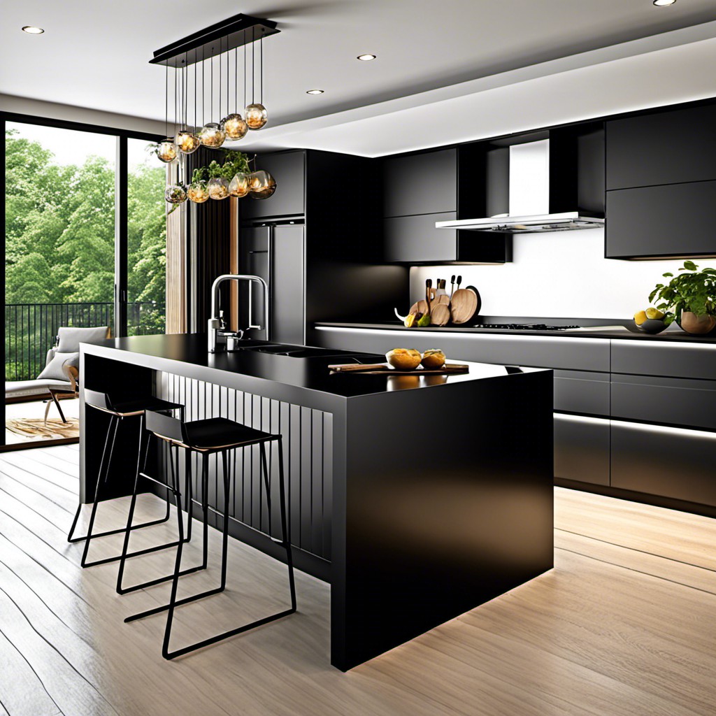 sleek modern black kitchen island with waterfall edge