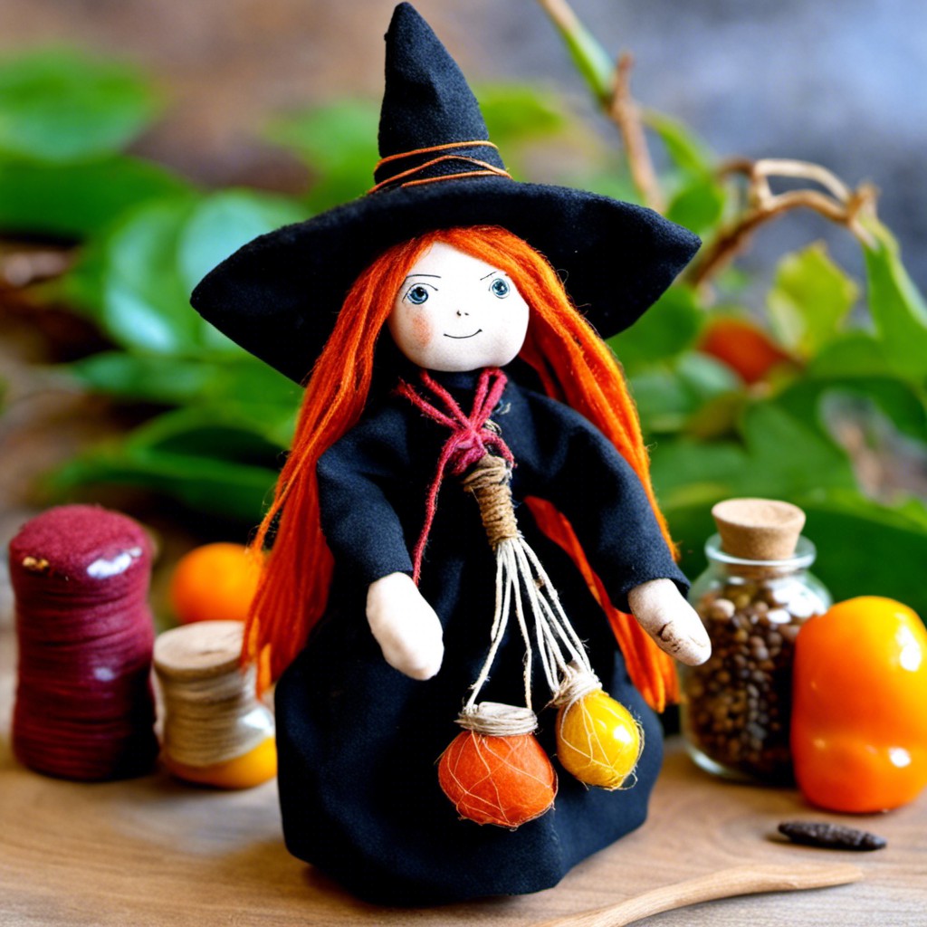 spice merchant witch doll with colorful seed pouches