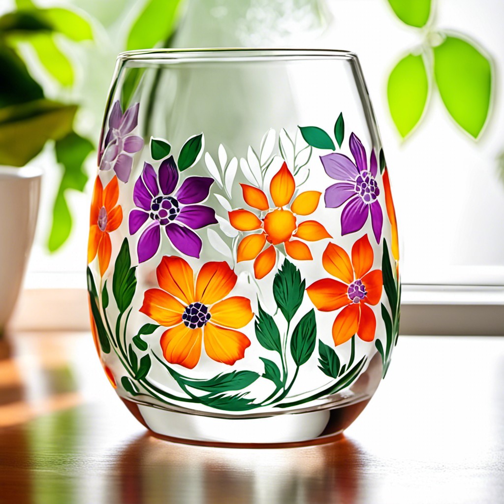 stenciled floral patterns on glassware