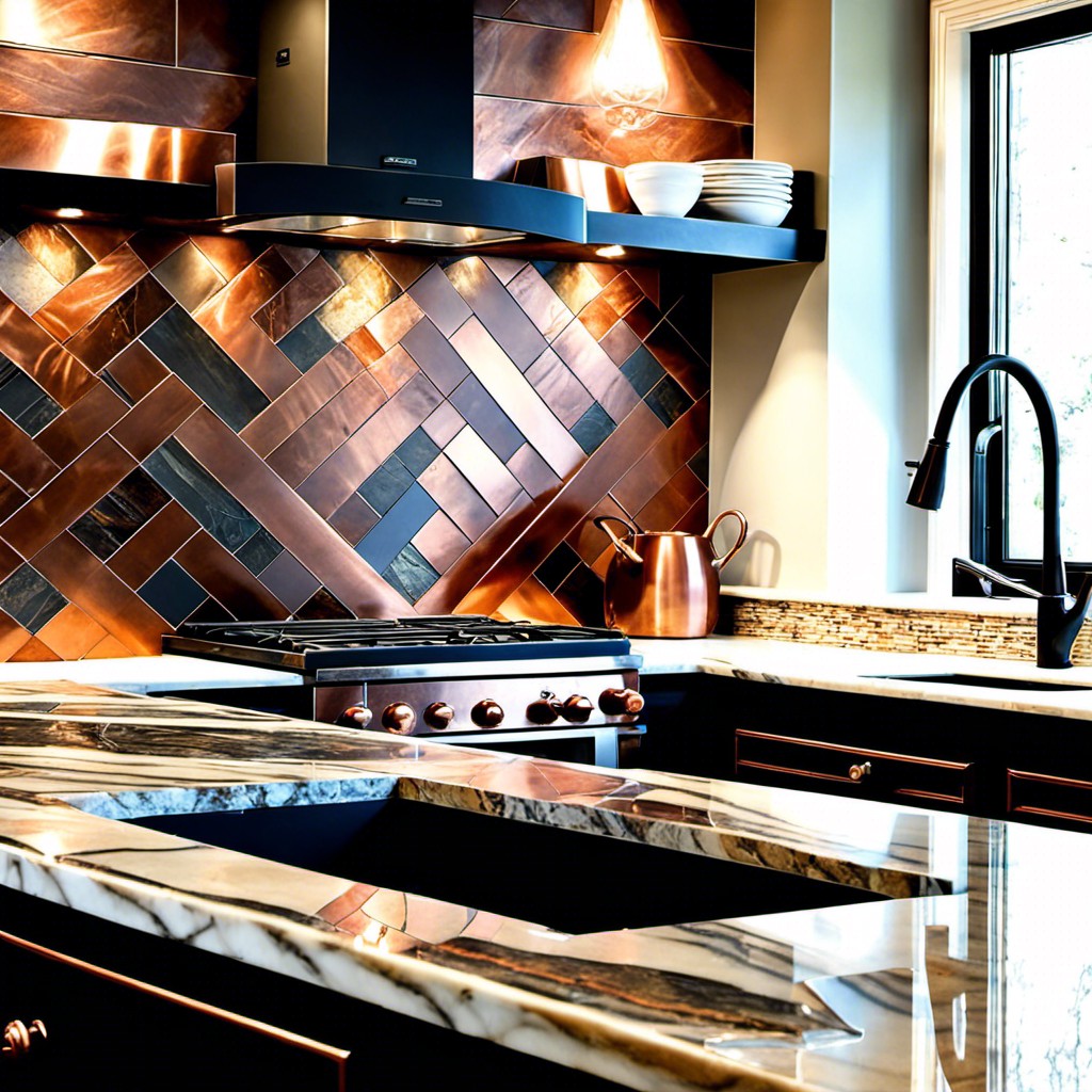 stone backsplash with copper inlays