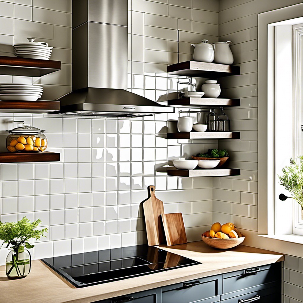 subway tiled wall with floating shelves