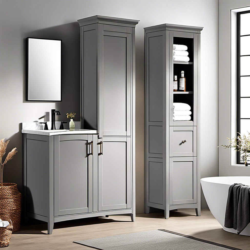 tall gray linen cabinet for extra storage