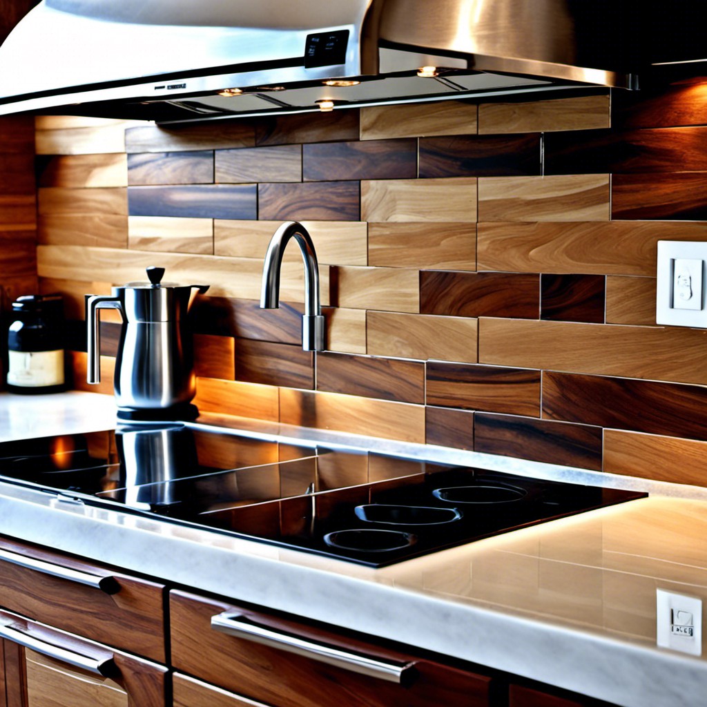 teak wood tile backsplash