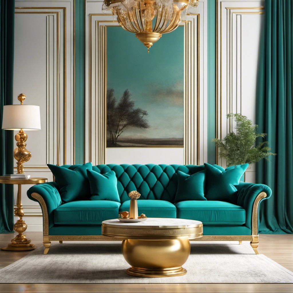 teal and gold trimmed couch