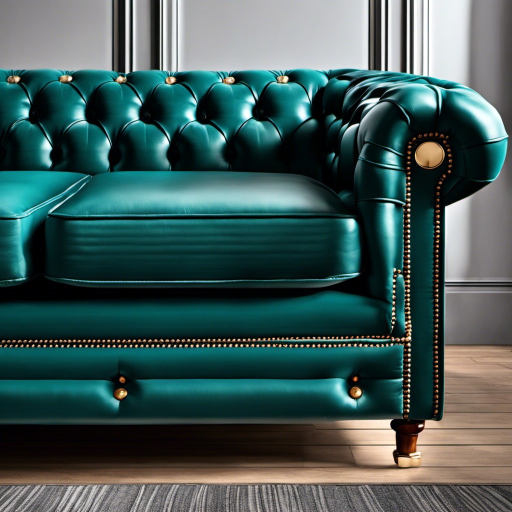 teal chesterfield sofa with button details