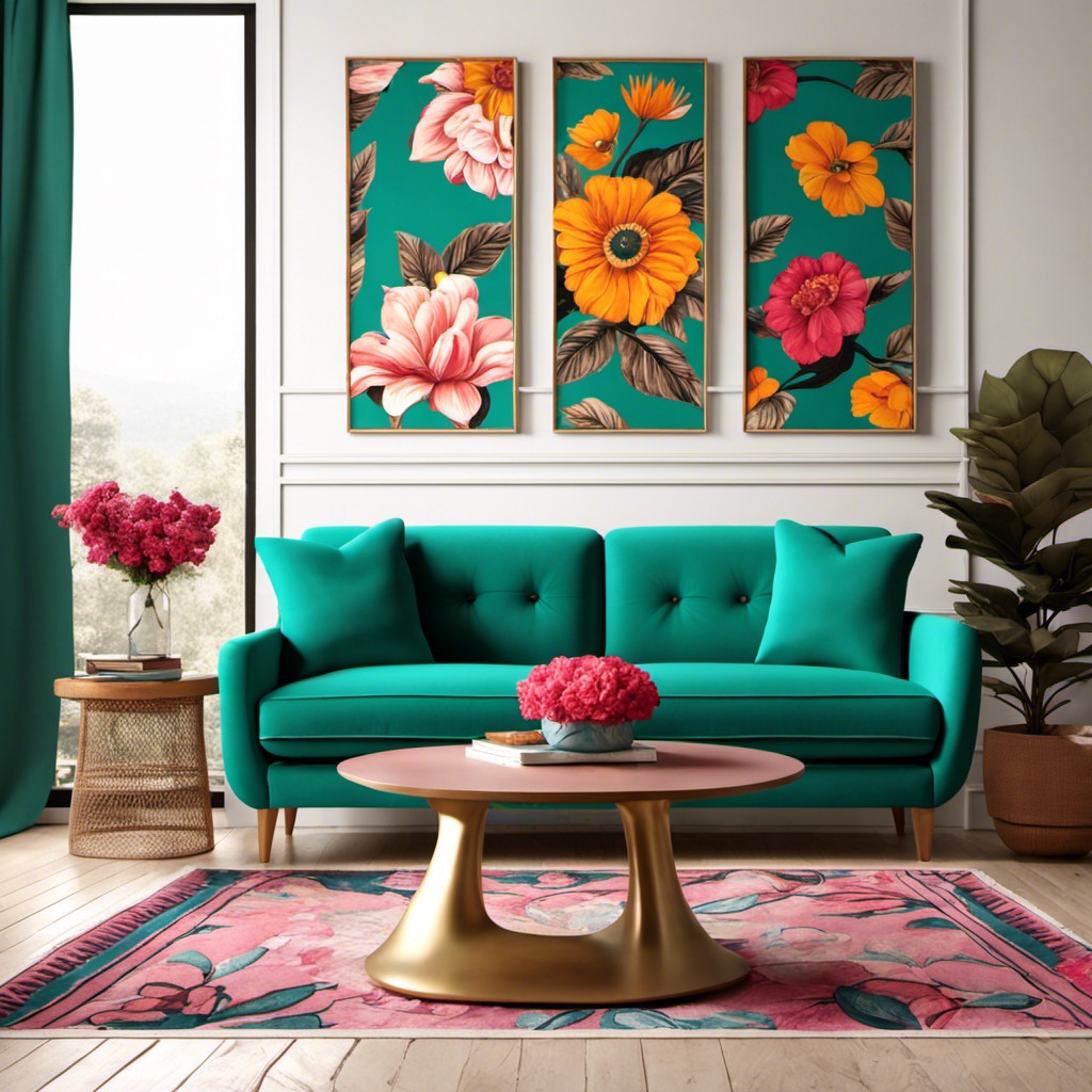 teal couch with bold floral prints