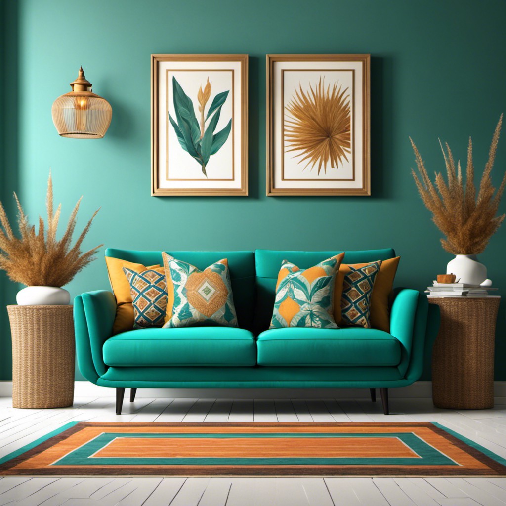 teal couch with patterned throw pillows