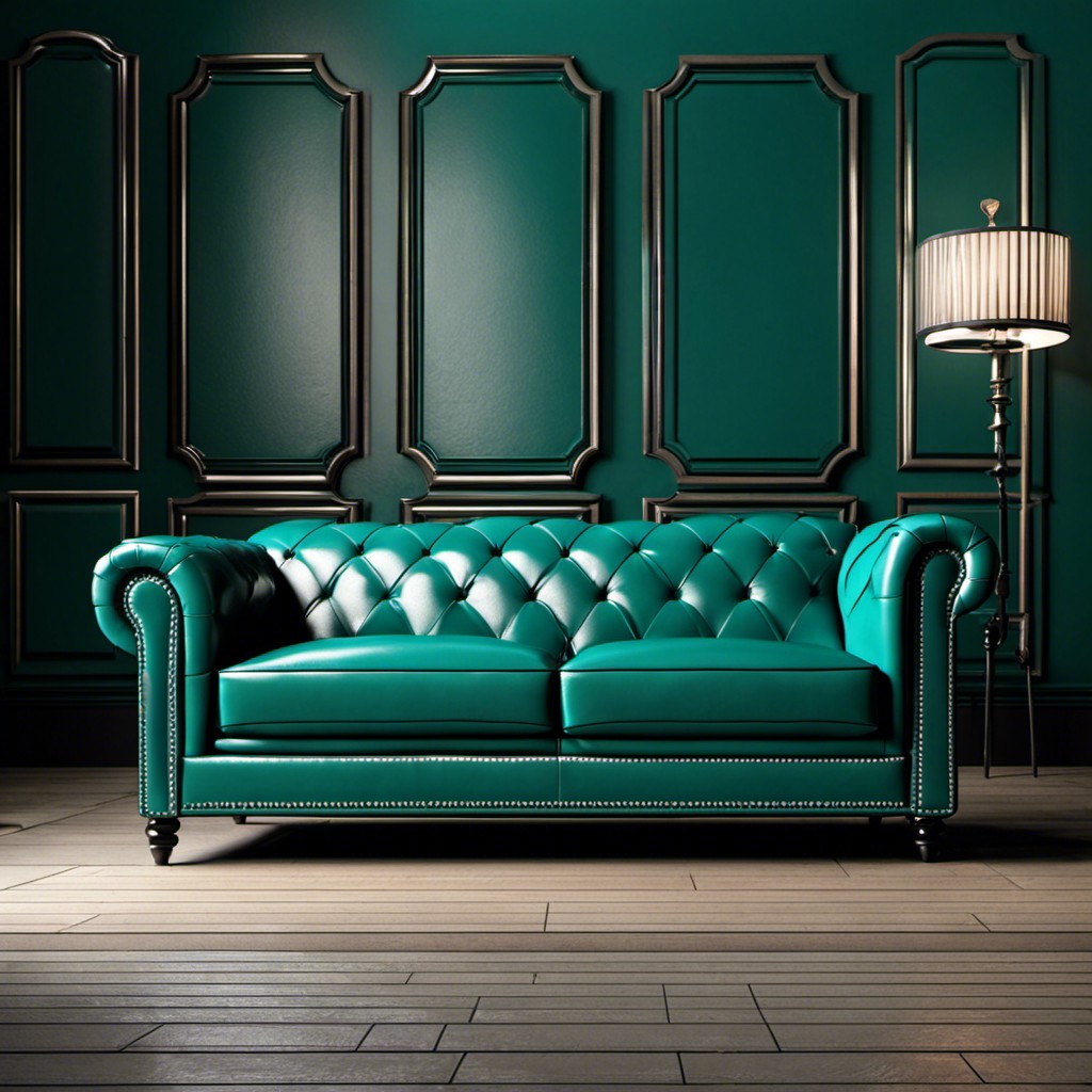 teal leather couch with contrast stitching