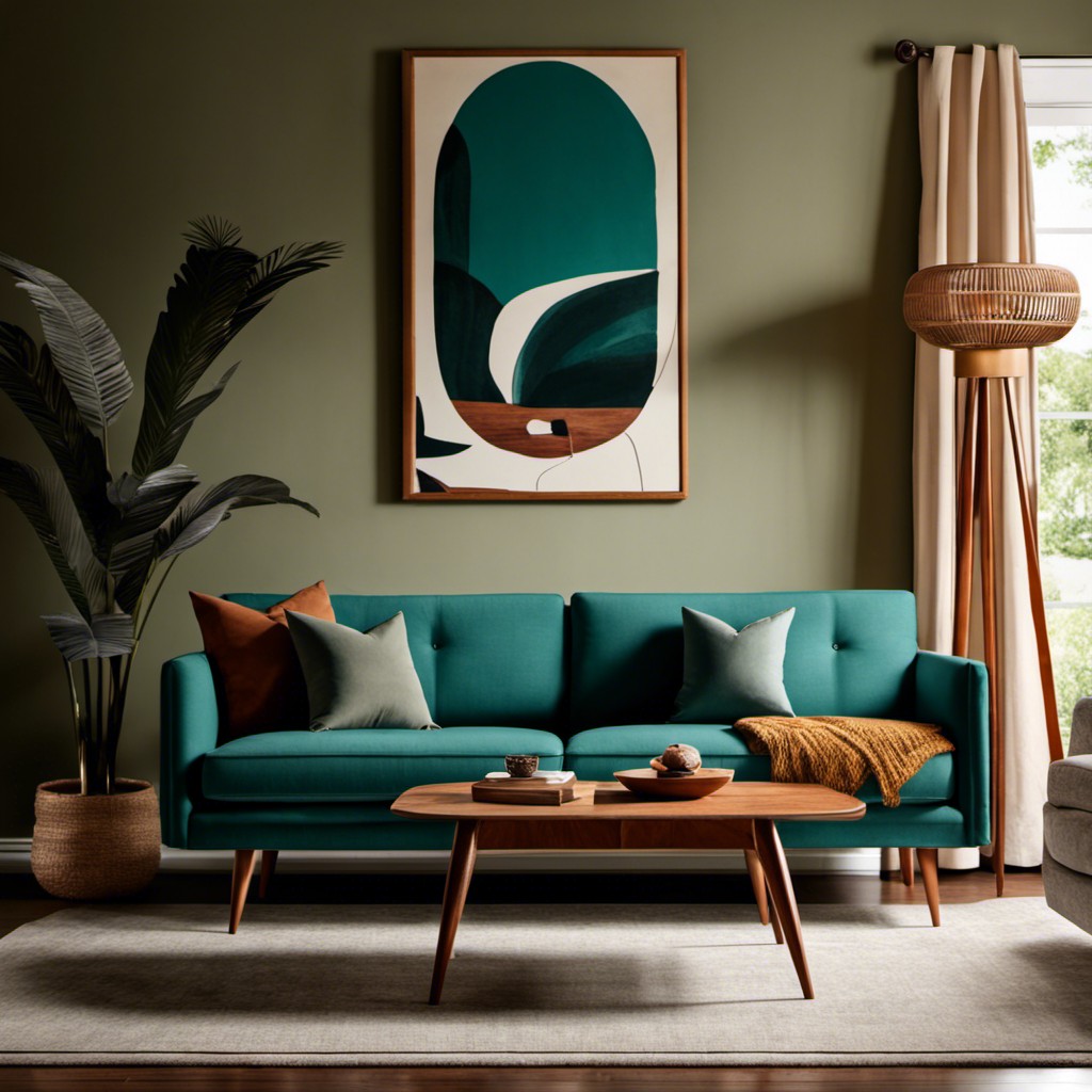teal sofa with mid century wooden legs