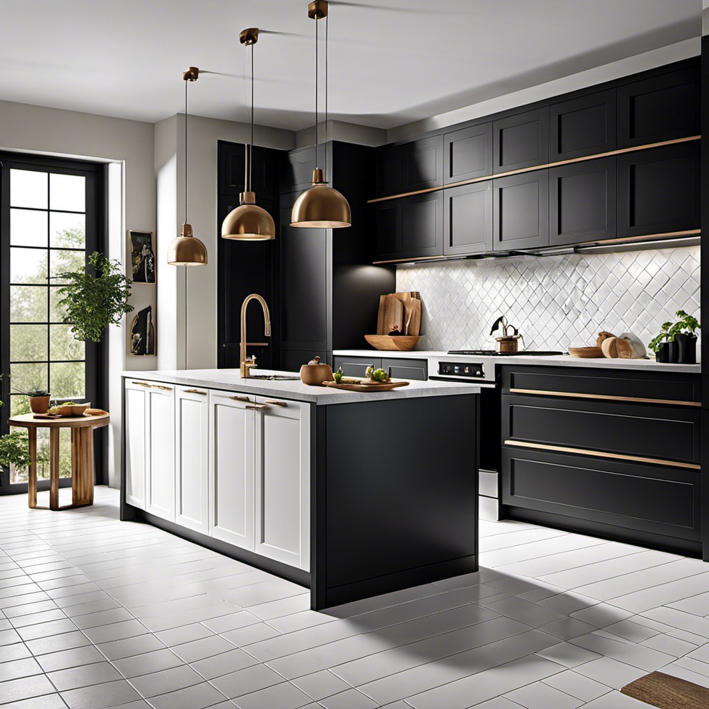 textured white tiles with black cabinets