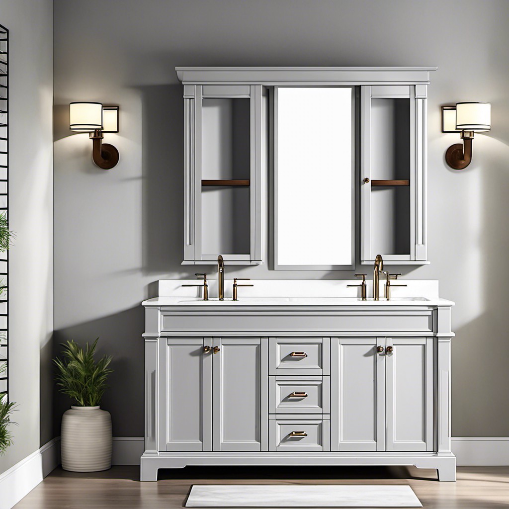 traditional light gray vanity with white ceramic basin