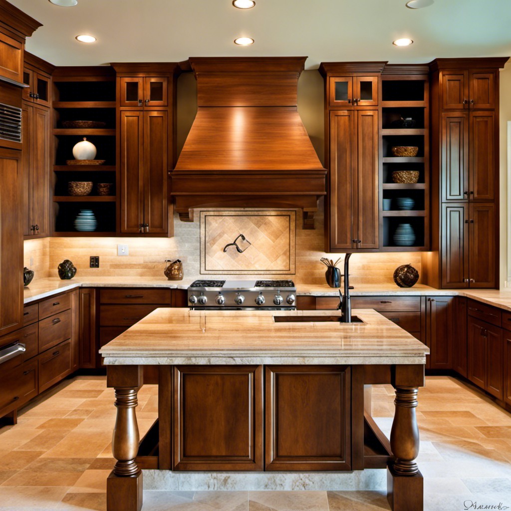 travertine tile island with open shelving