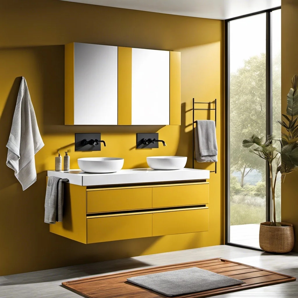 trendy floating vanity in mustard yellow