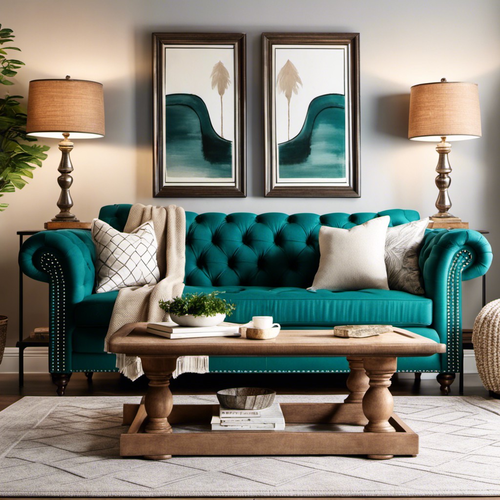 tufted teal couch with nailhead trim