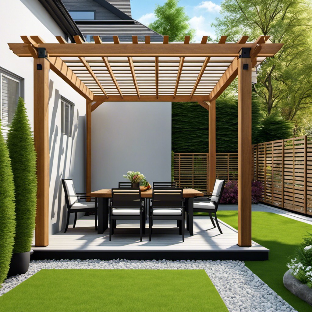 two sided pergola with privacy wall in the garden