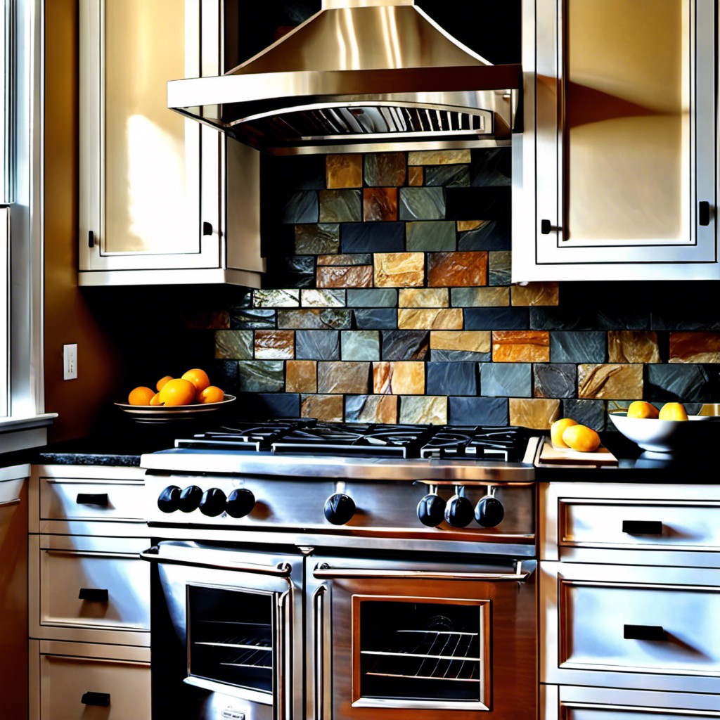 uneven slate tile backsplash