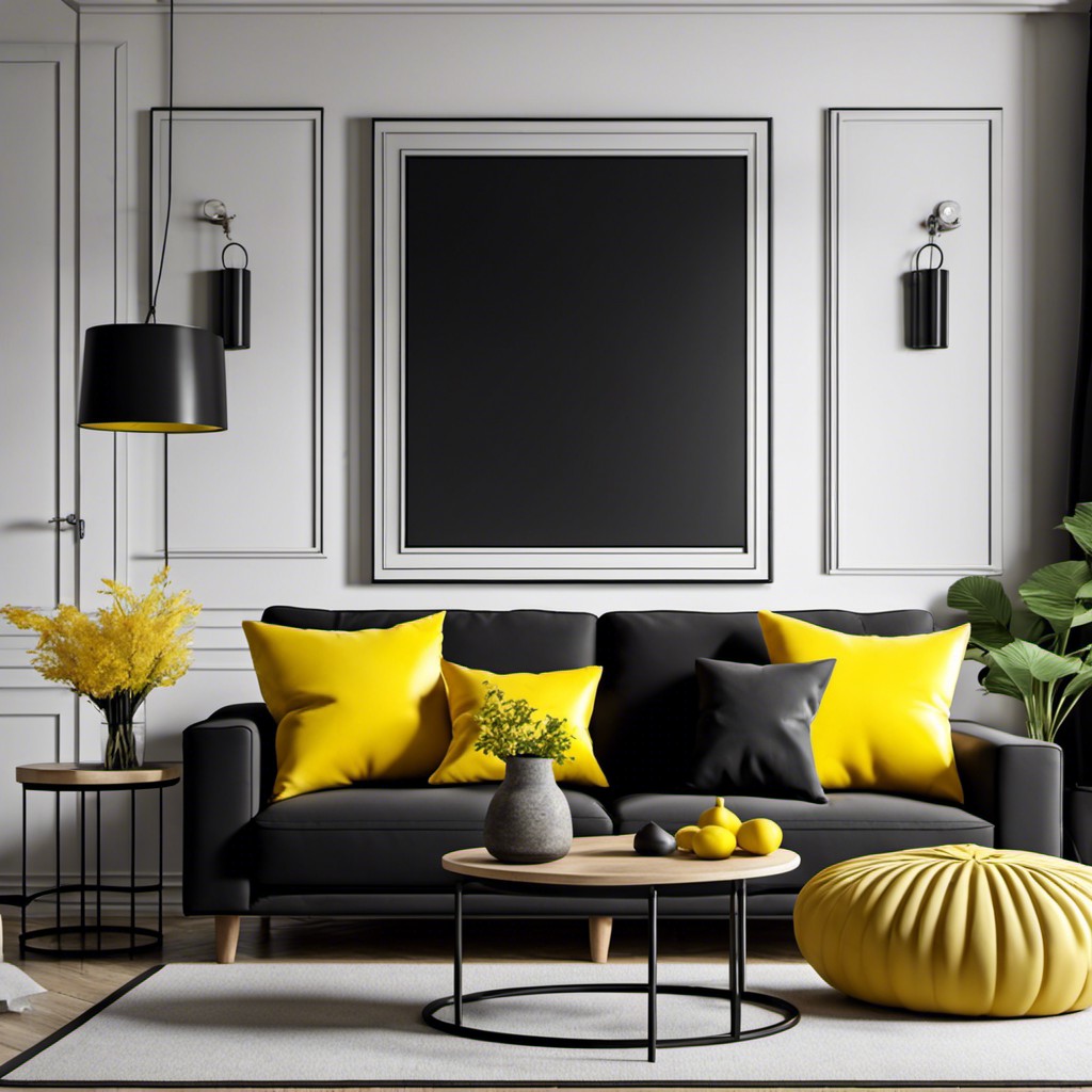 using yellow accent pillows with a black sofa