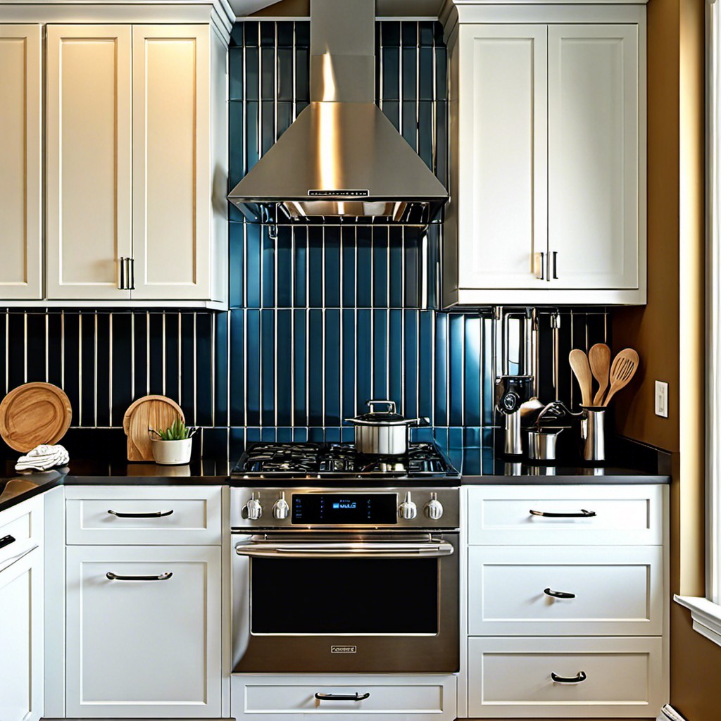 vertical subway tiles with metallic accents