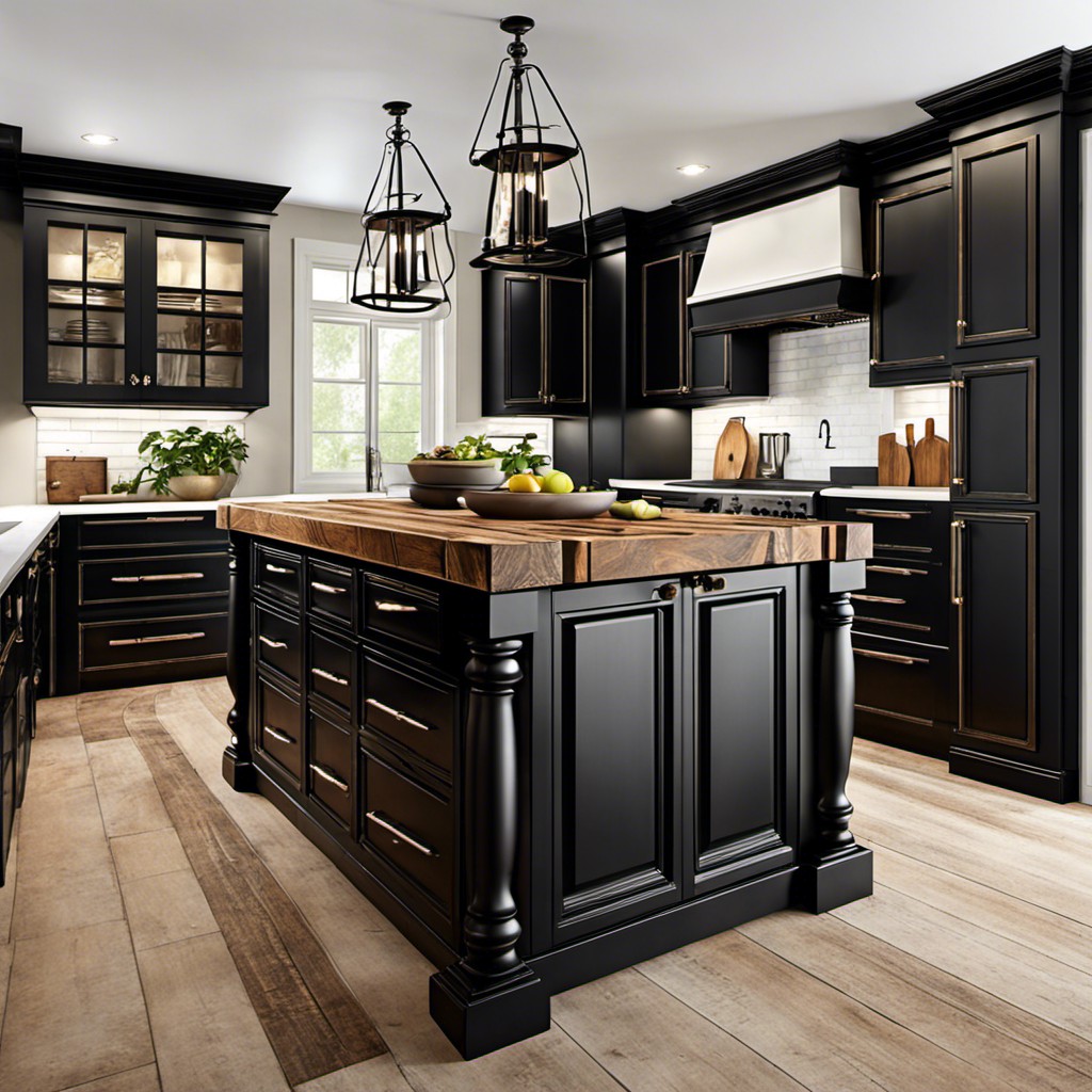 vintage black kitchen island with rustic details