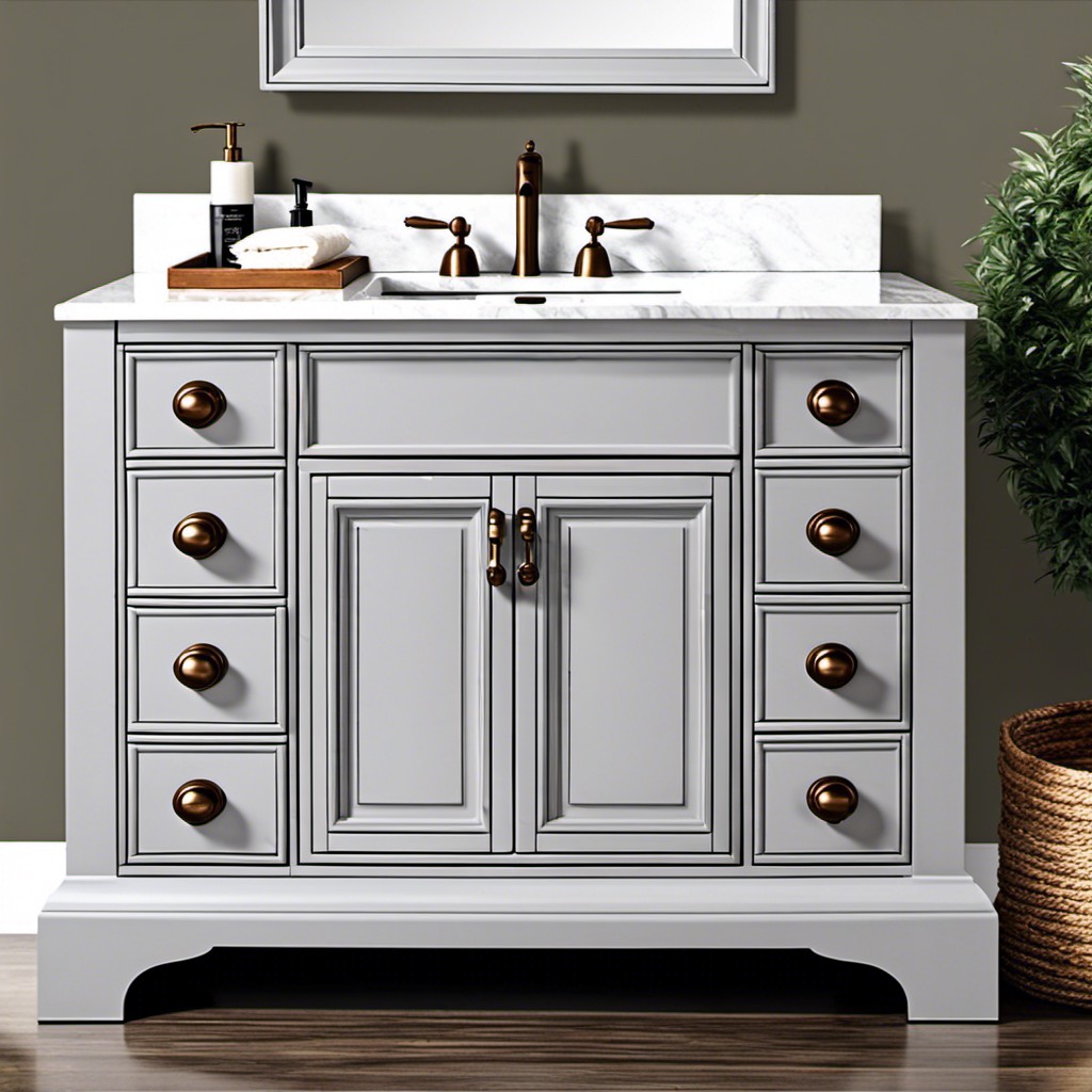 vintage light gray vanity with bronze hardware