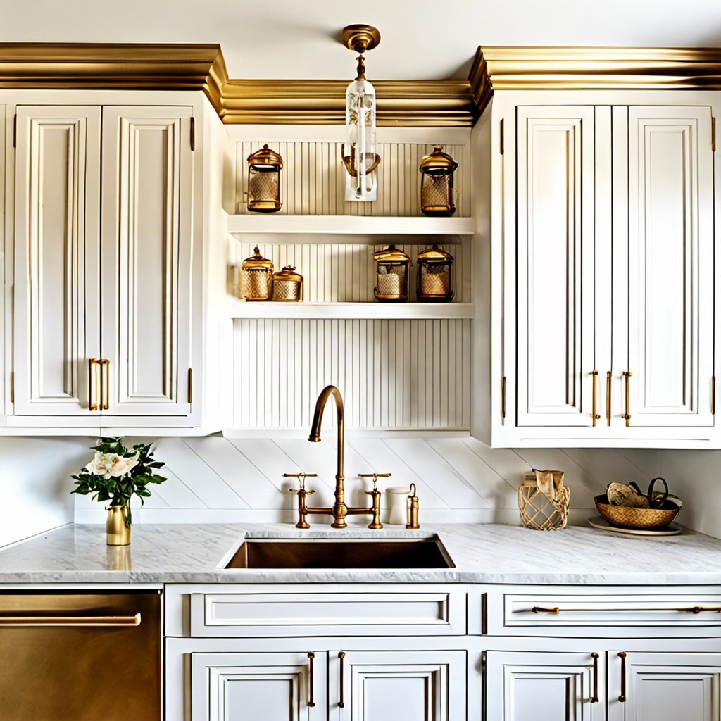 white beadboard cabinets with gold birdcage pulls