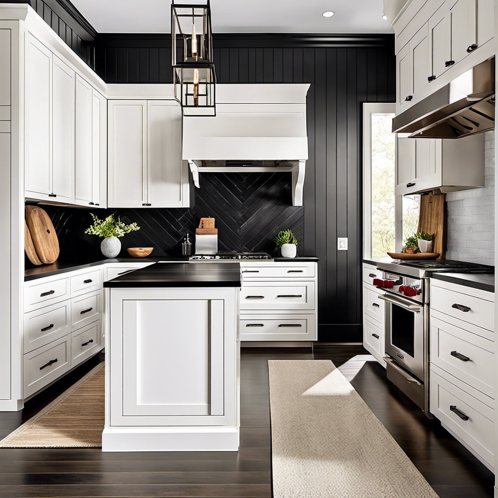 white cabinets paired with black shiplap backsplash