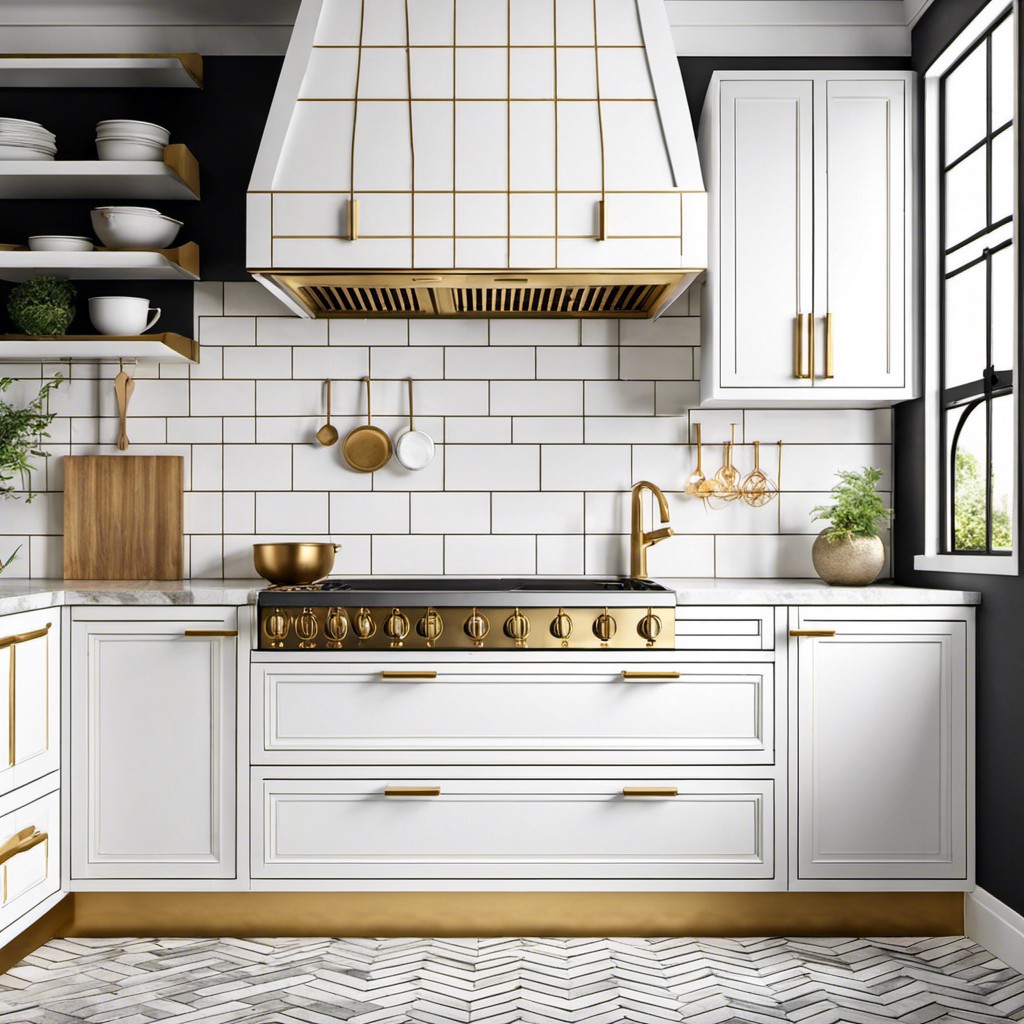 white cabinets with geometric gold pulls