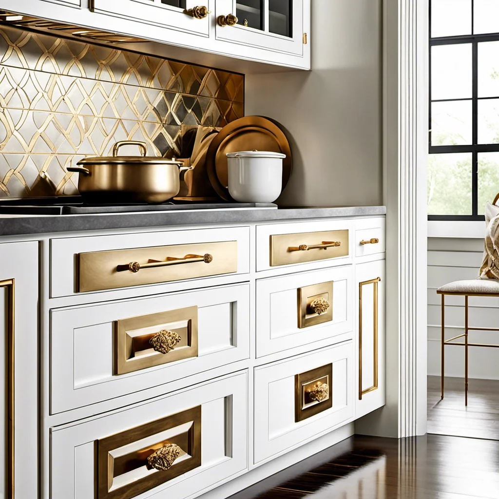 white cabinets with gold leaf patterned hardware