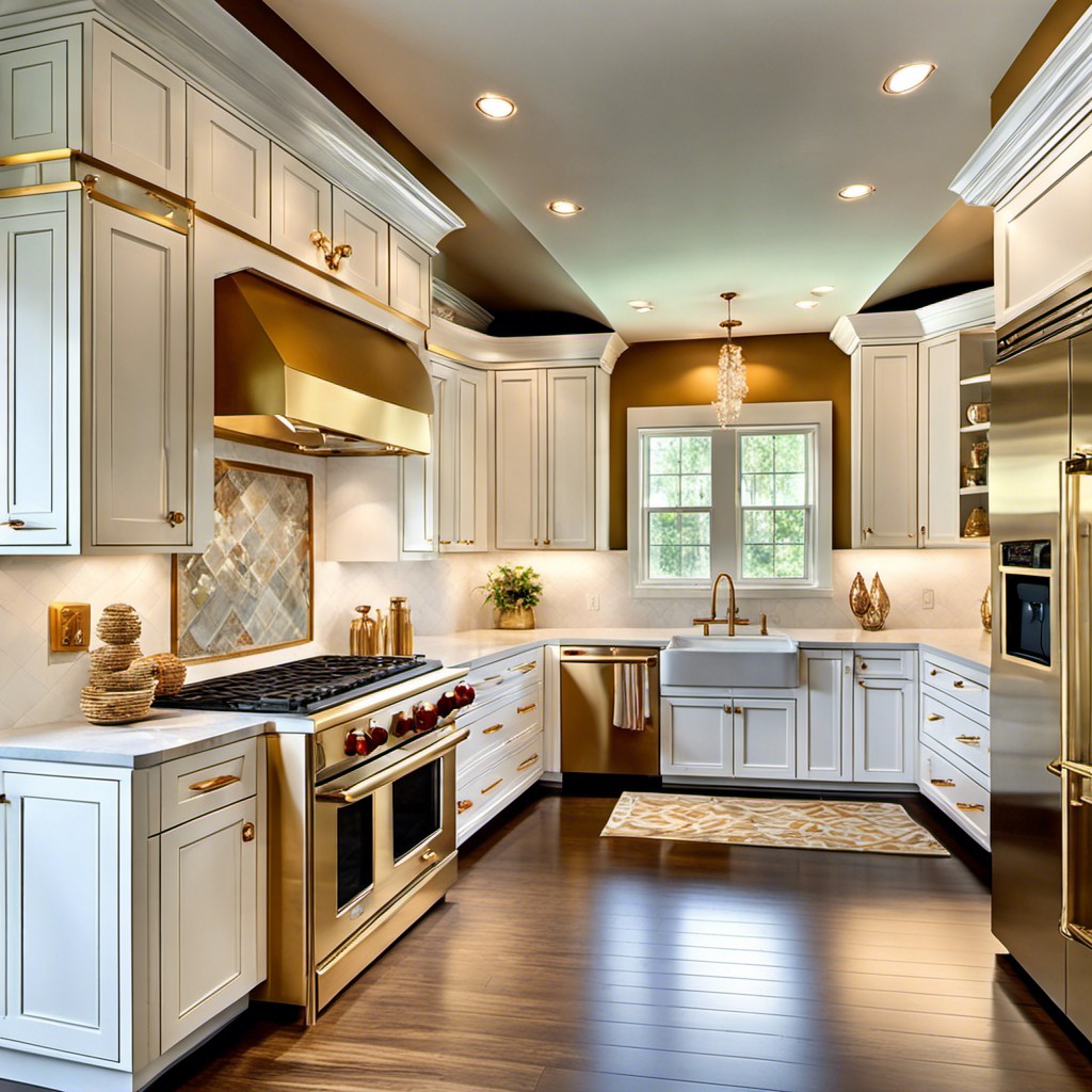 white cabinets with mixed gold and crystal knobs