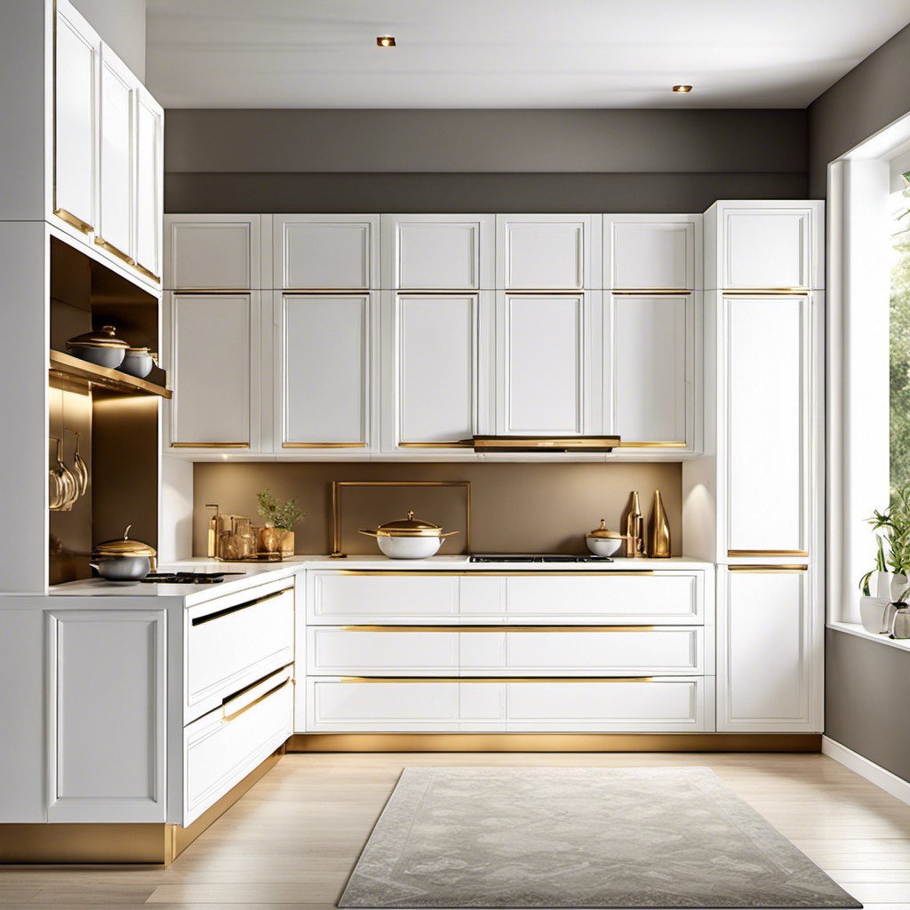 white lacquer cabinets with elongated gold handles
