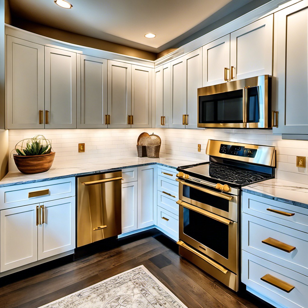 white shaker cabinets with brushed gold pulls