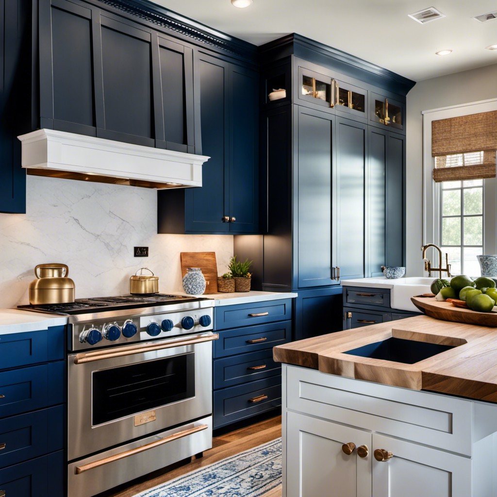 whitewashed wood countertop on navy blue cabinets for a coastal look