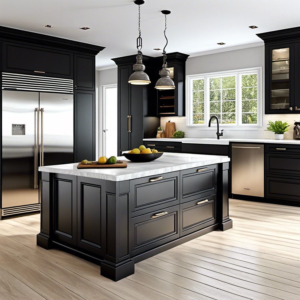 whitewashed wooden floor with black kitchen island