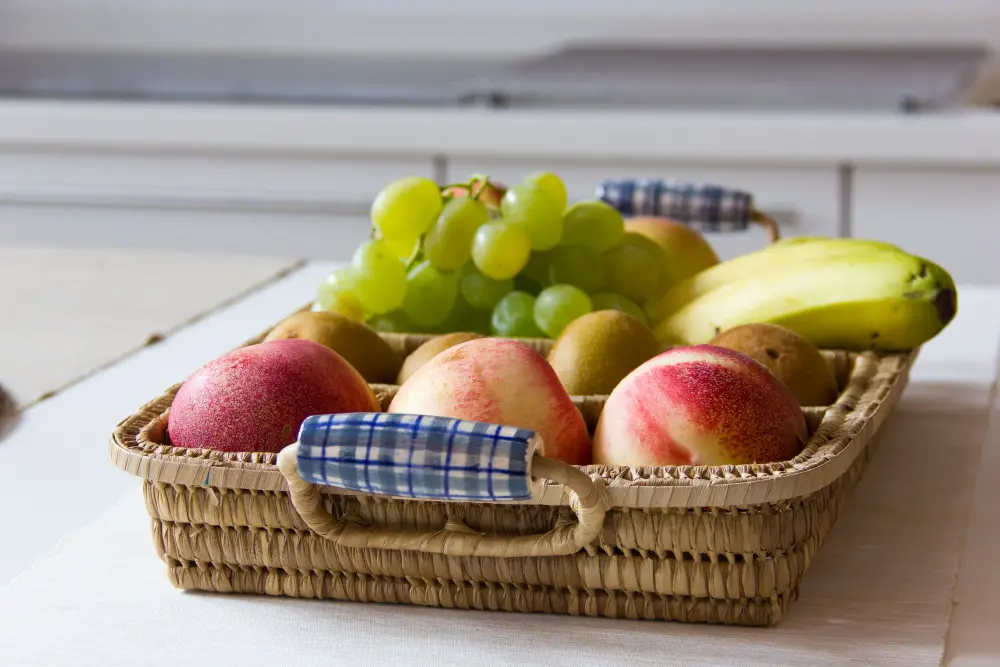 wicker fruit basket on the kitchen table