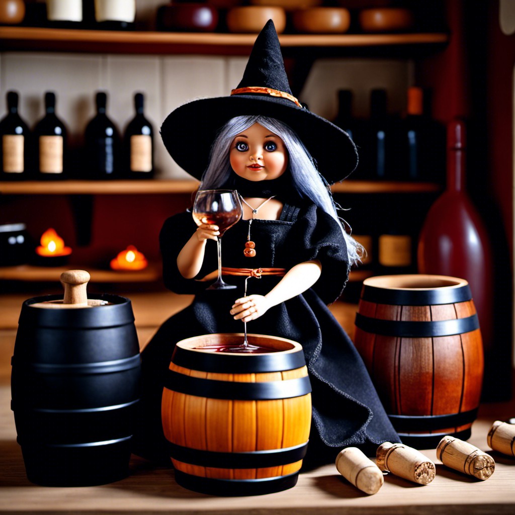 wine maker witch doll with miniature wine barrels