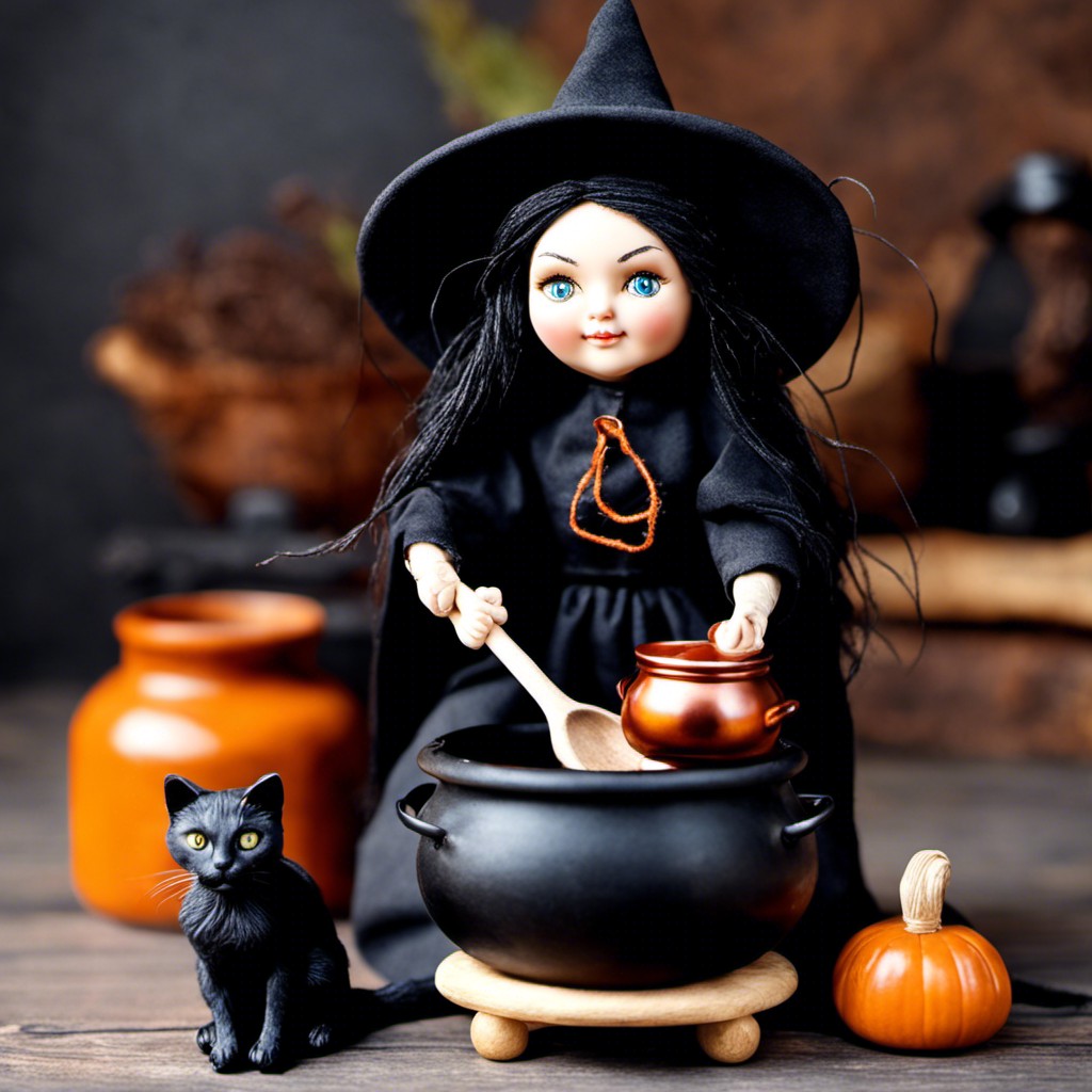 witch doll with a black cat and cauldron